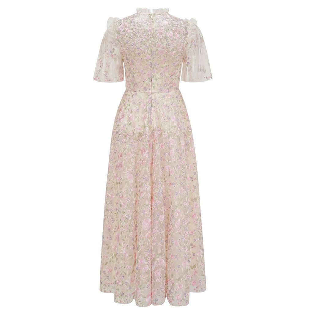 Lavish Short Sleeve Frill Neck A Line Summer Embroidered Floral Tulle Maxi Dress