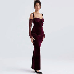 Lavish Velvet Lace Tie Front Cold Shoulder Long Sleeve Fishtail Maxi Dress