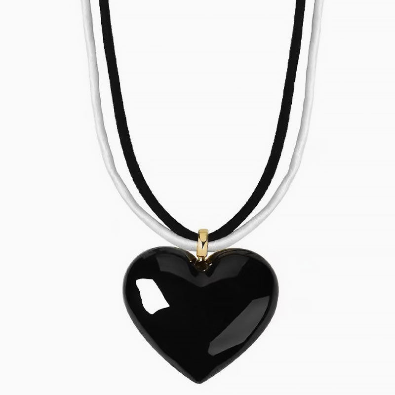 LOVE IS AROUND Two Tone Enameled Puffed Heart Pendant Wrapped Cord NeckLace