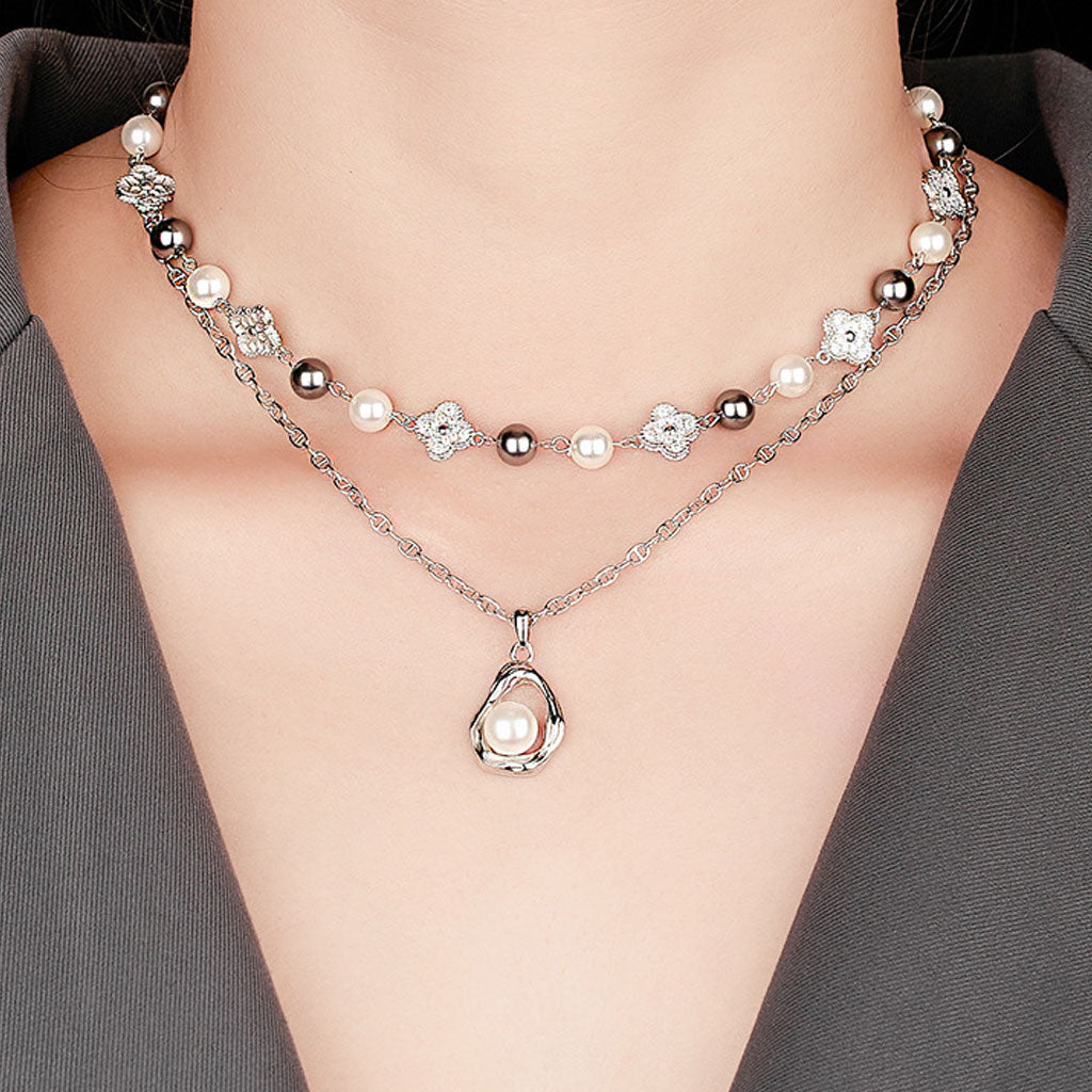 Lucky Cubic Zirconia Clover Crystal Pearl Cable Chain Bolo Slider NeckLace