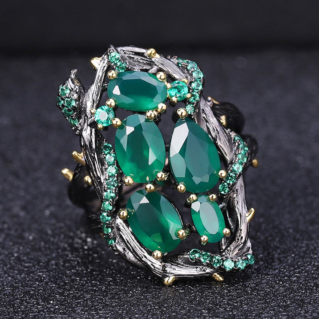 Bague en agate verte naturelle avec nano cristal émeraude et serpent