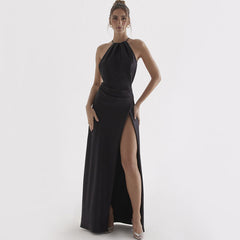 Lustrous Satin Halter Neck High Slit Self Tie Backless Maxi Dress - Black