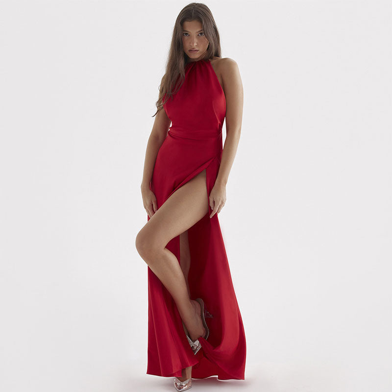 Lustrous Satin Halter Neck High Slit Self Tie Backless Maxi Dress - Red