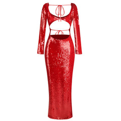 Luxurious Buttoned Bra Top CutOut Sequin Zipped Sleeve Split Maxi Evening Dress