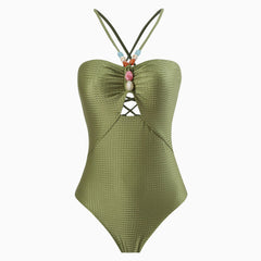 Luxurious Metallic Textured Cut Out Lace Up Back Beaded V Neck One Piece Swimsuit