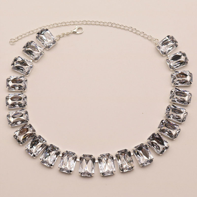 Luxury Emerald Cut Crystal Embellished Silver Plated Tennis NeckLace - White