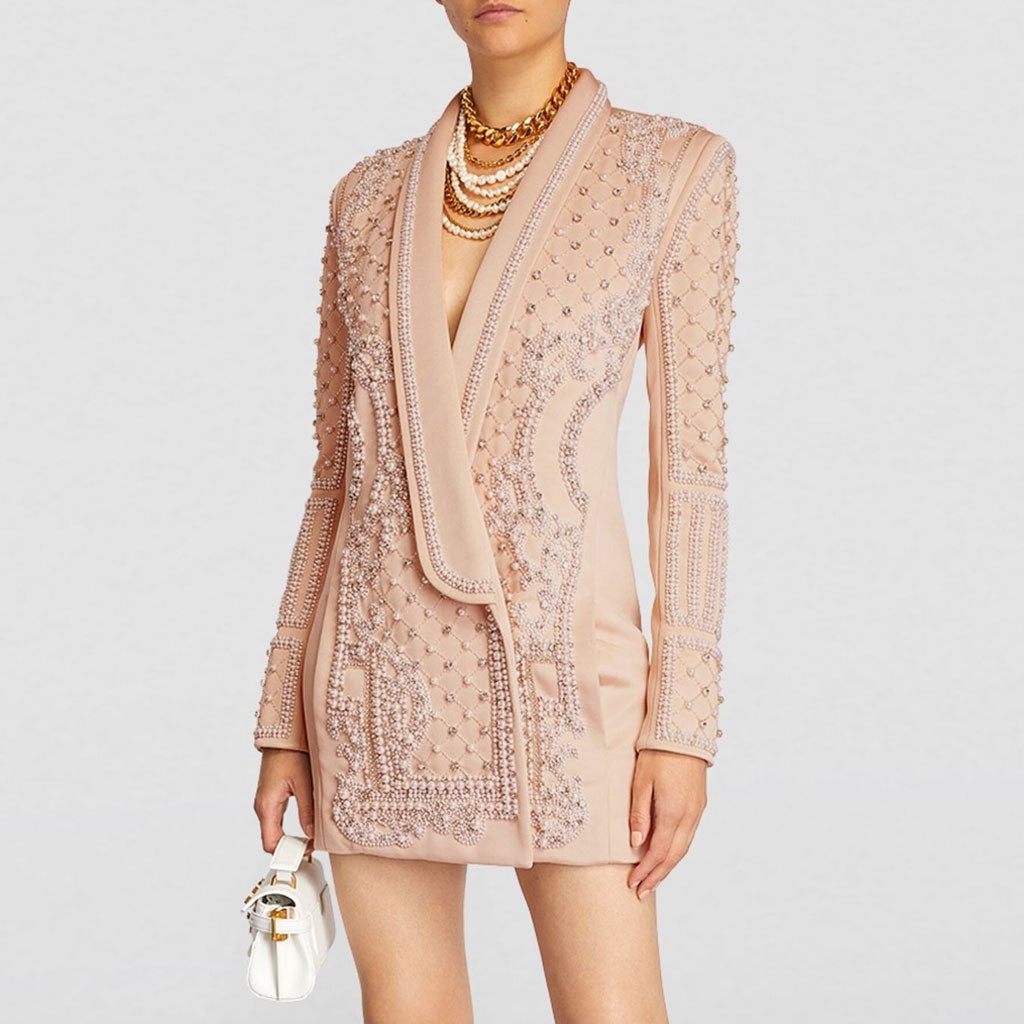 Blazer long de luxe à revers châle et épaulettes ornées de fausses perles - Nude