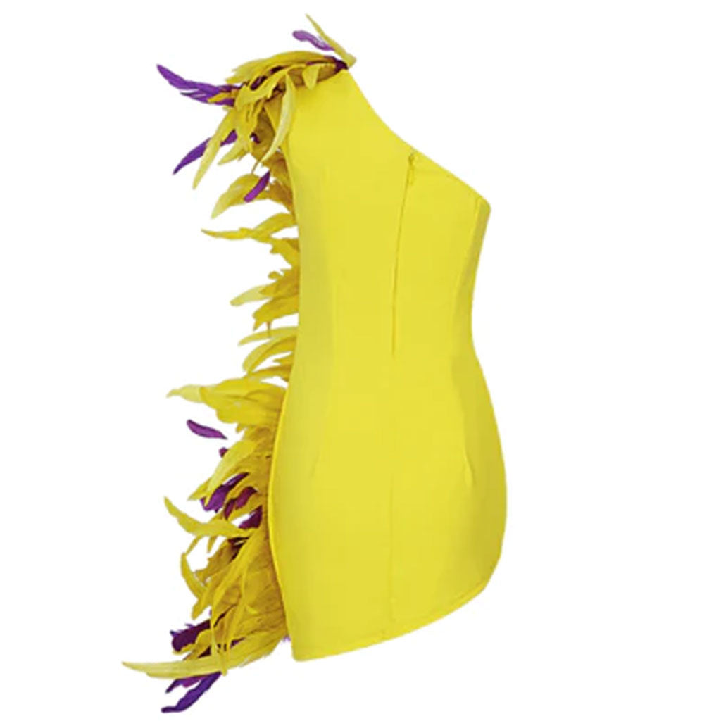 Robe courte luxueuse en crêpe à une épaule avec bordure en plumes - YelLow