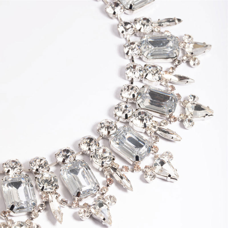 Luxury Gemstone Crystal Embellished Collar NeckLace - Silver