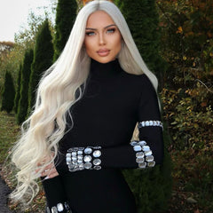 Luxury High Neck Long Sleeve Crystal Bodycon Bandage Midi Cocktail Dress