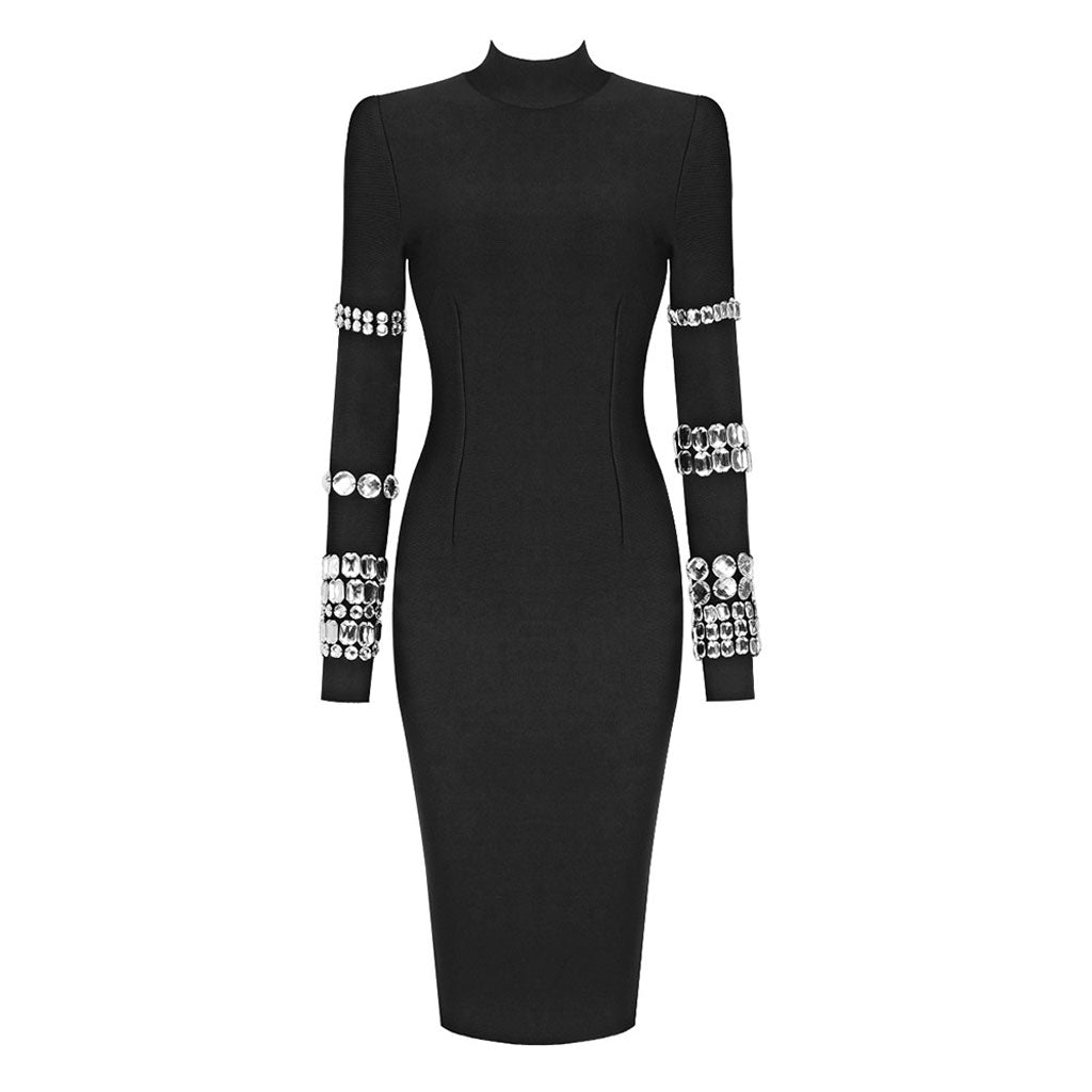 Luxury High Neck Long Sleeve Crystal Bodycon Bandage Midi Cocktail Dress