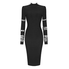 Luxury High Neck Long Sleeve Crystal Bodycon Bandage Midi Cocktail Dress