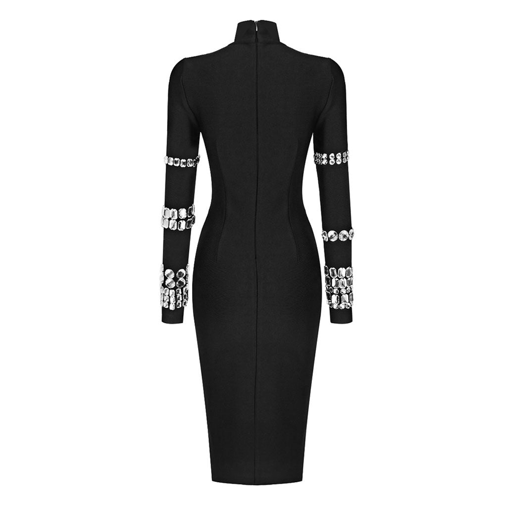 Luxury High Neck Long Sleeve Crystal Bodycon Bandage Midi Cocktail Dress