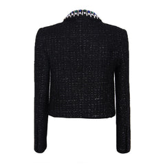 Luxury Jewelled Shoulder Pad Long Sleeve Shawl Collar Cropped Tweed Blazer