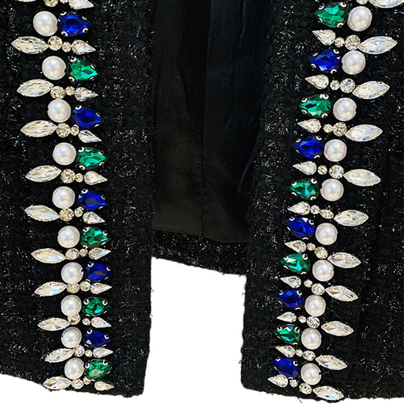 Luxury Jewelled Shoulder Pad Long Sleeve Shawl Collar Cropped Tweed Blazer