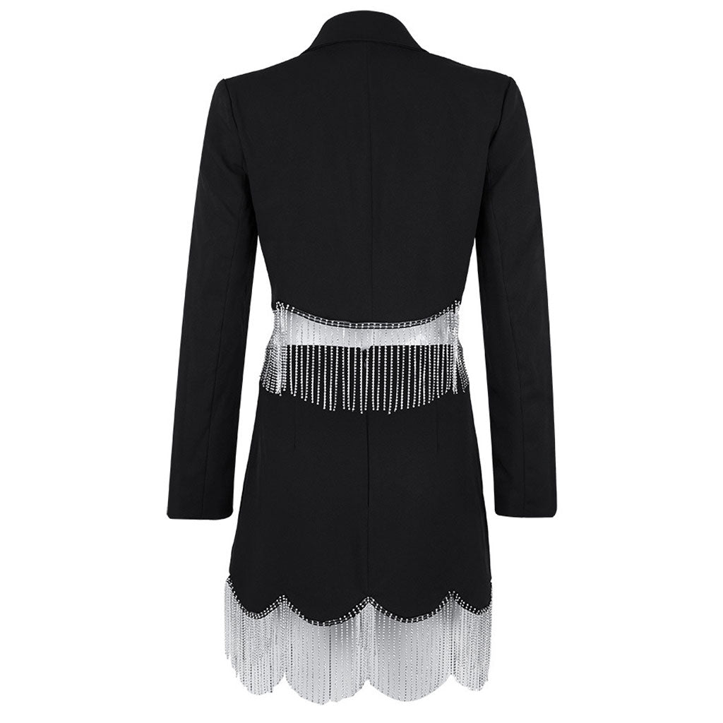 Luxury Lapel Collar Plunge Crystal Fringe High Waist Crop Blazer Matching Set