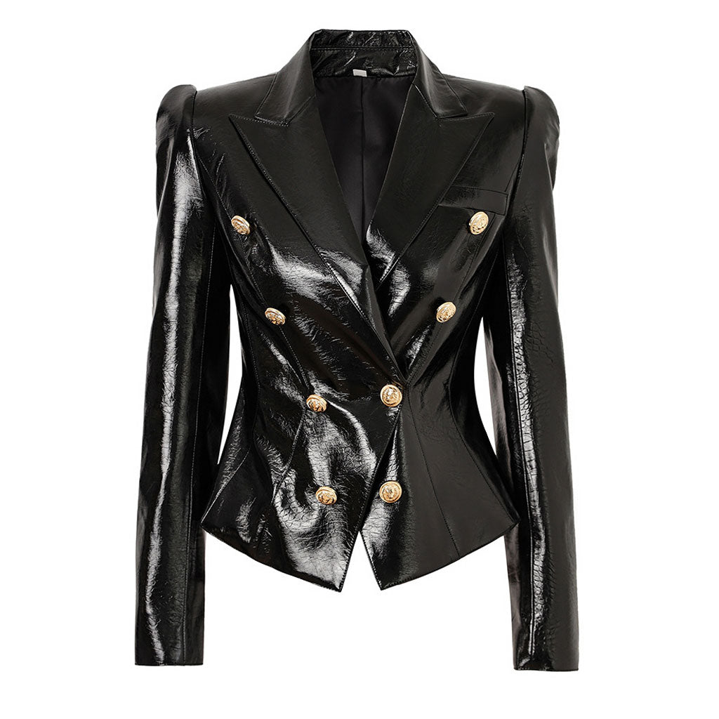 Luxury Lapel Gold Tone Double Breasted Fitted Waist Sheen Vegan Leather Jacket