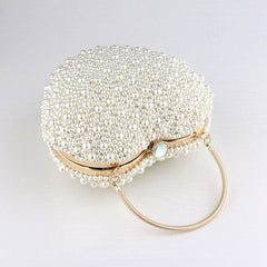 Luxury Metal Handle Pearl Beaded Heart Shaped Clutch Bag - Beige