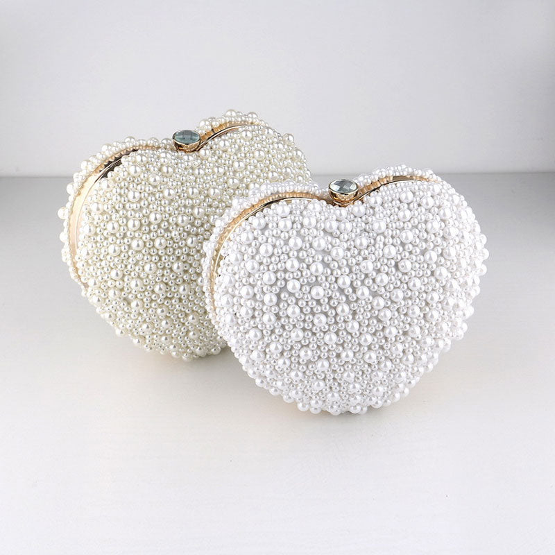 Luxury Metal Handle Pearl Beaded Heart Shaped Clutch Bag - White