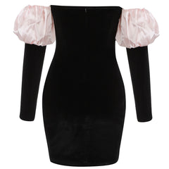 Luxury Off Shoulder Puff Sleeve Knot Front Velvet Mini Dress - Black