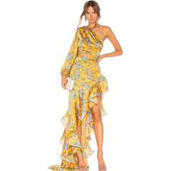 Robe de soirée luxueuse à volants et découpes asymétriques en satin à motif floral - YelLow