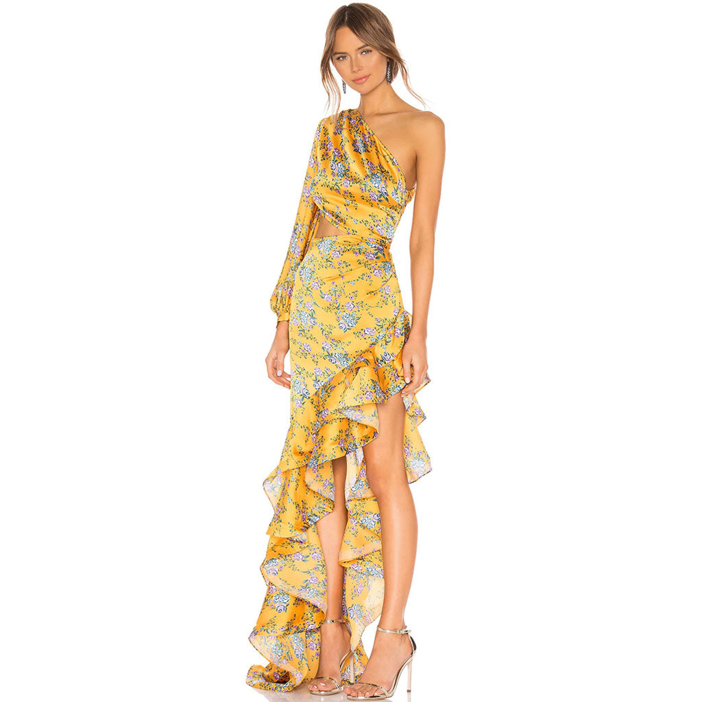 Robe de soirée luxueuse à volants et découpes asymétriques en satin à motif floral - YelLow