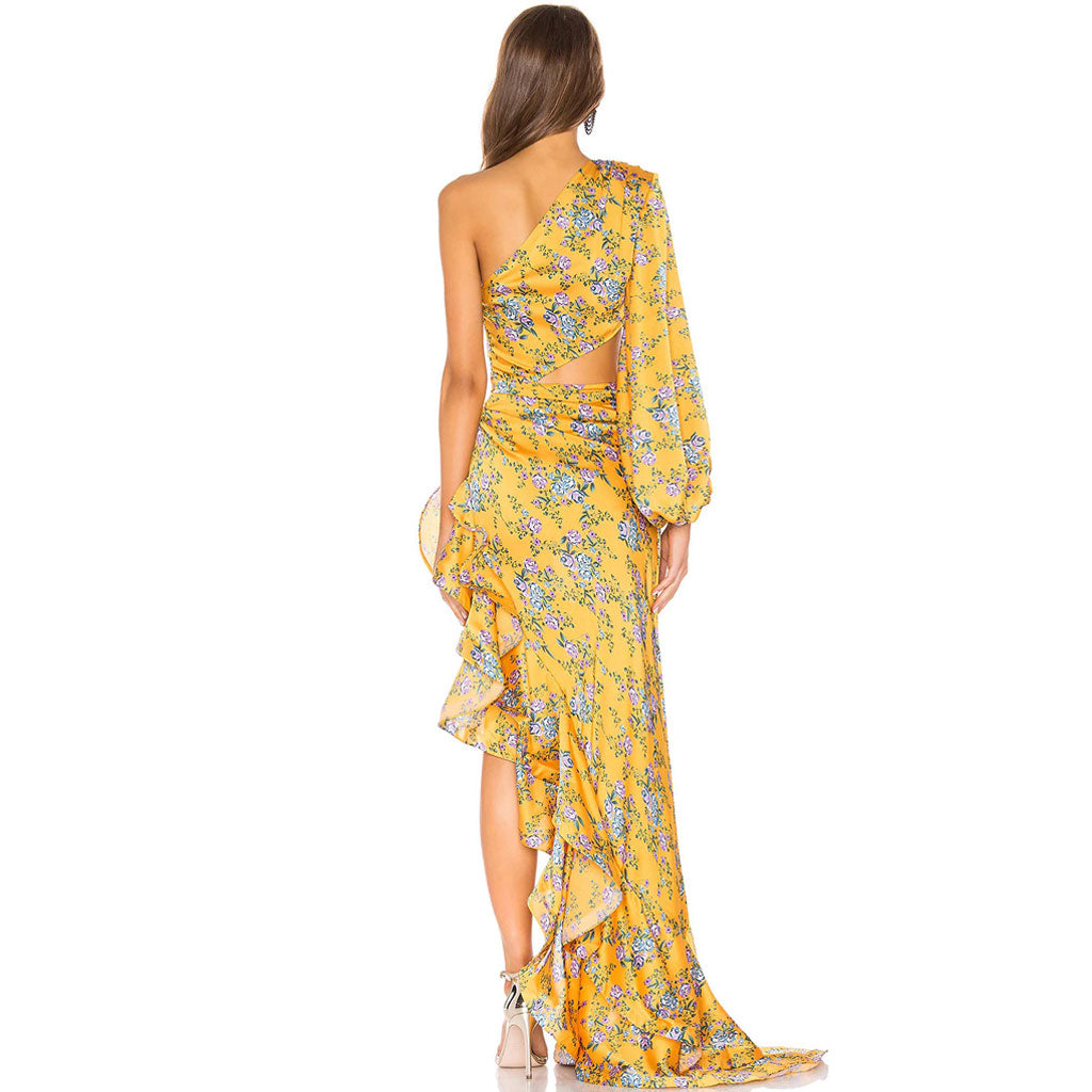 Robe de soirée luxueuse à volants et découpes asymétriques en satin à motif floral - YelLow