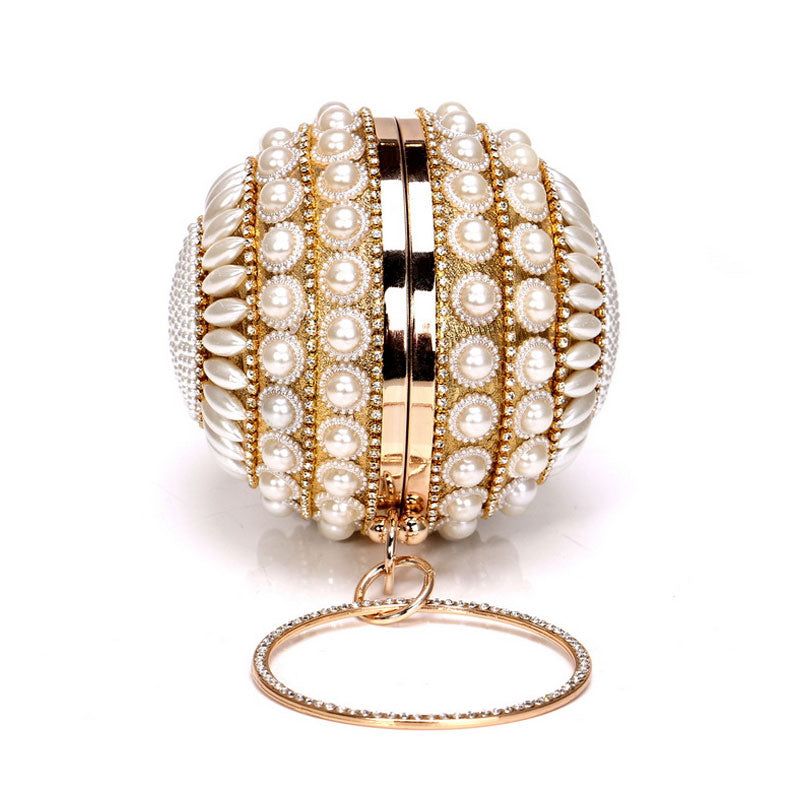 Luxury Rhinestone Embellished Metal Handle Round Pearl Clutch - Gold