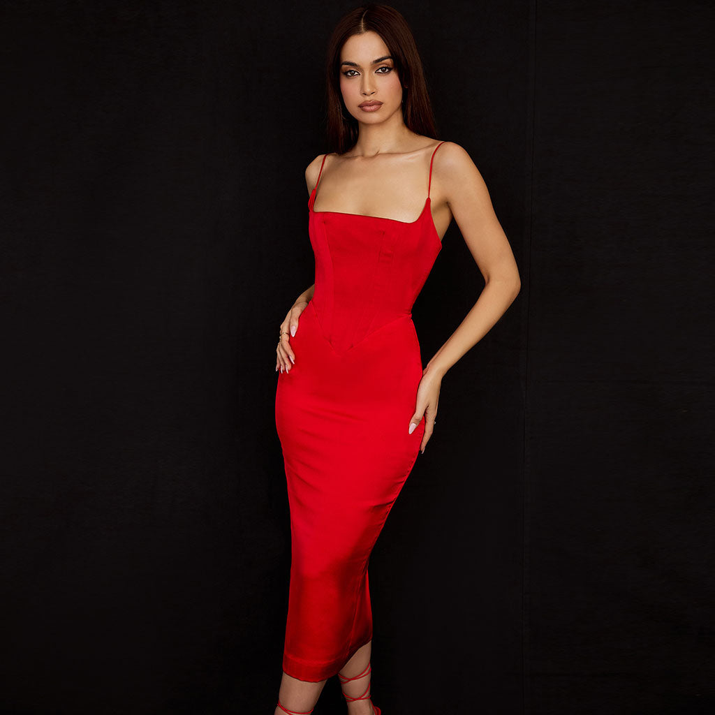 Luxuriöses Midi-Slip-Kleid aus Satin mit quadratischem Ausschnitt und Spaghettiträgern - Rot