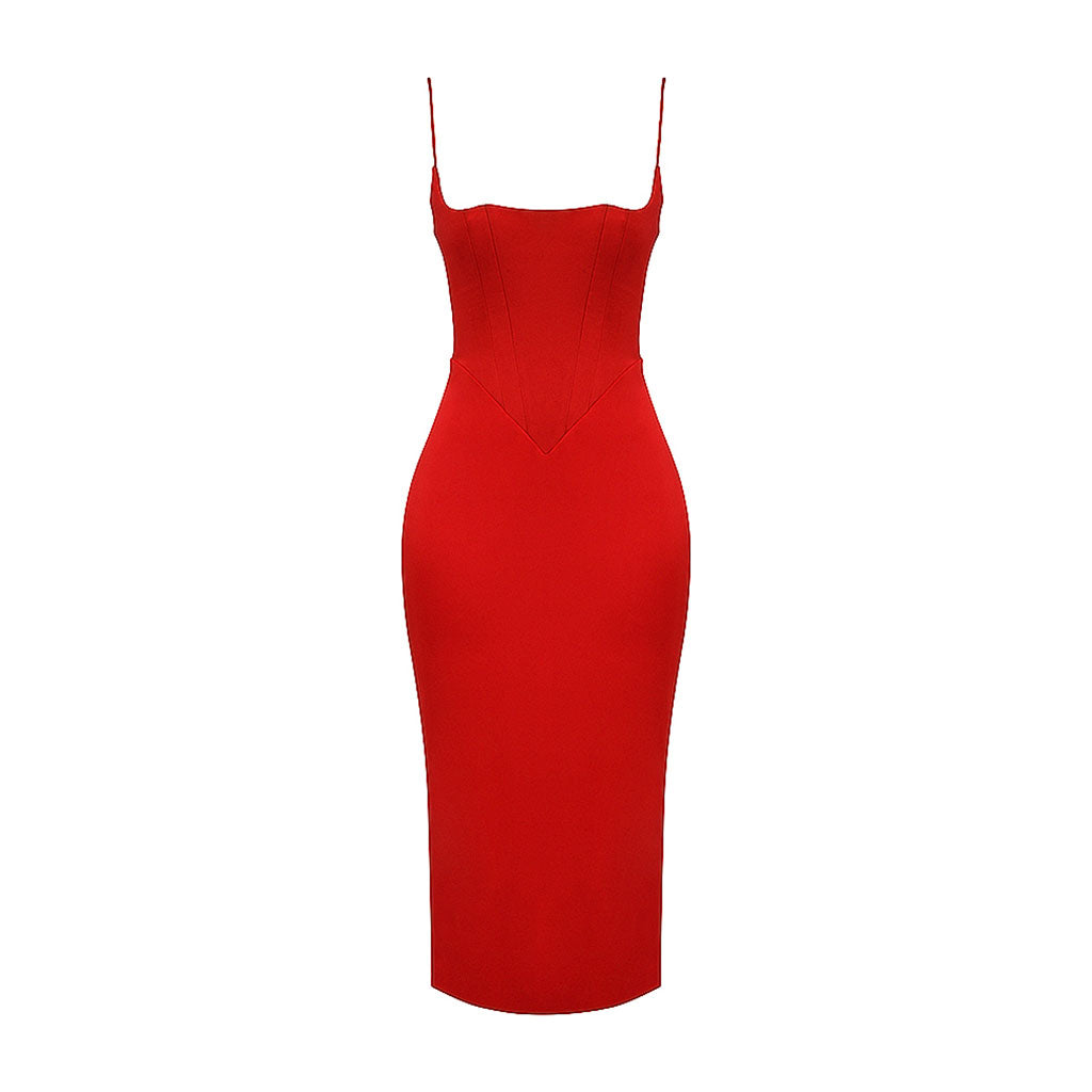 Luxury Square Neck Spaghetti Strap Satin Slip Midi Dress - Red