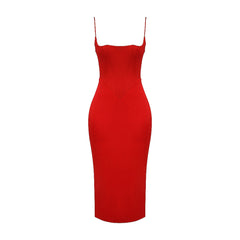 Luxury Square Neck Spaghetti Strap Satin Slip Midi Dress - Red