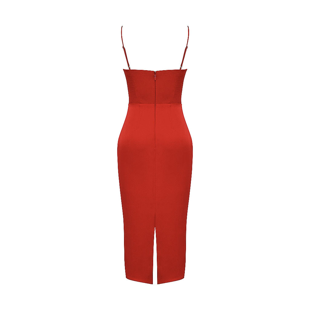 Luxuriöses Midi-Slip-Kleid aus Satin mit quadratischem Ausschnitt und Spaghettiträgern - Rot