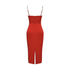 Luxury Square Neck Spaghetti Strap Satin Slip Midi Dress - Red