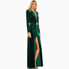 Robe de soirée longue luxueuse en velours à franges et décolleté en V profond - Vert émeraude