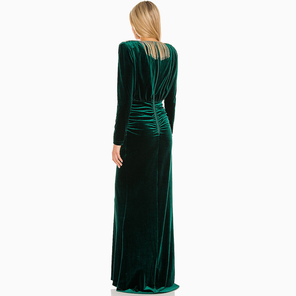 Robe de soirée longue luxueuse en velours à franges et décolleté en V profond - Vert émeraude