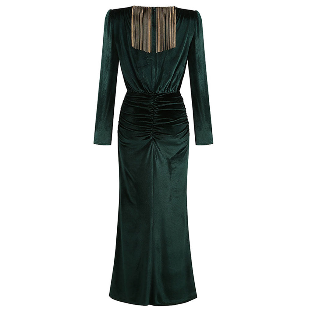 Robe de soirée longue luxueuse en velours à franges et décolleté en V profond - Vert émeraude