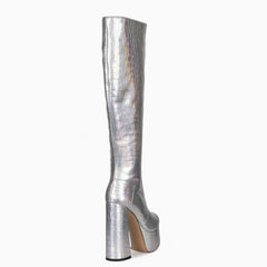 Metallic Croc Effect Knee High Platform Block Heel Boots - Silver