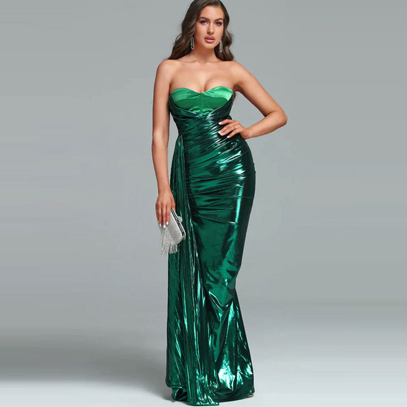 Robe de soirée longue plissée drapée métallisée à bustier froncé - Vert