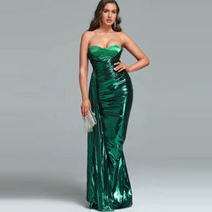 Metallic Draped Pleated Sweetheart Bustier Ruched Maxi Evening Dress - Green