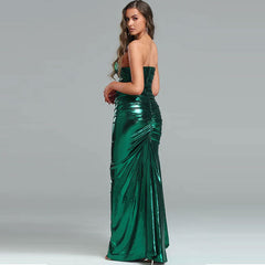 Robe de soirée longue plissée drapée métallisée à bustier froncé - Vert