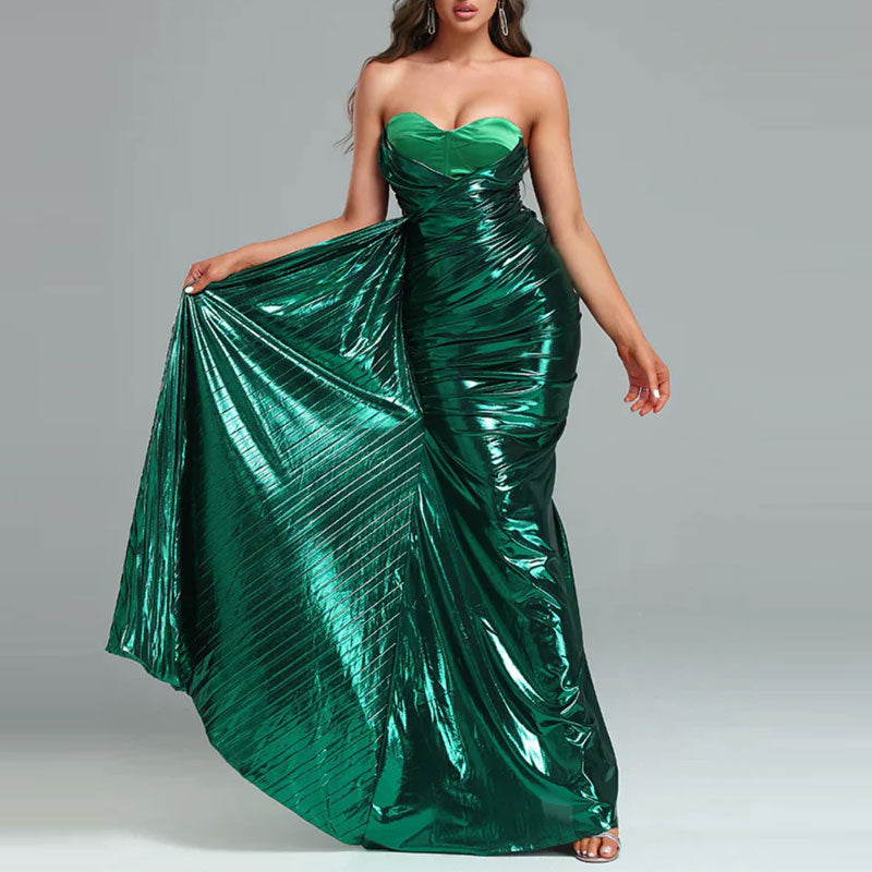 Metallic Draped Pleated Sweetheart Bustier Ruched Maxi Evening Dress - Green