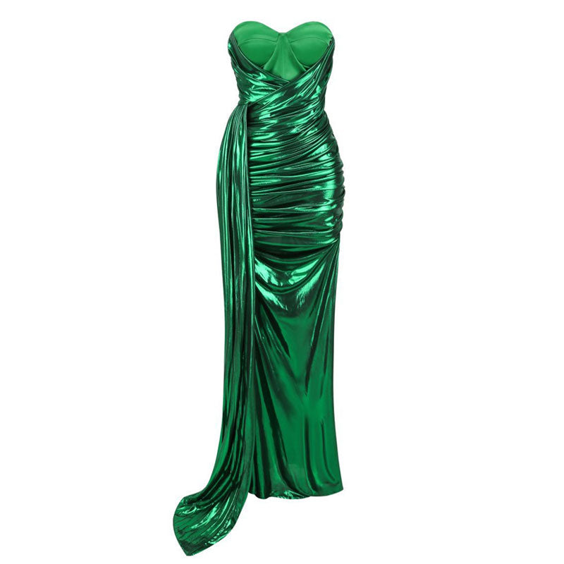 Metallic Draped Pleated Sweetheart Bustier Ruched Maxi Evening Dress - Green