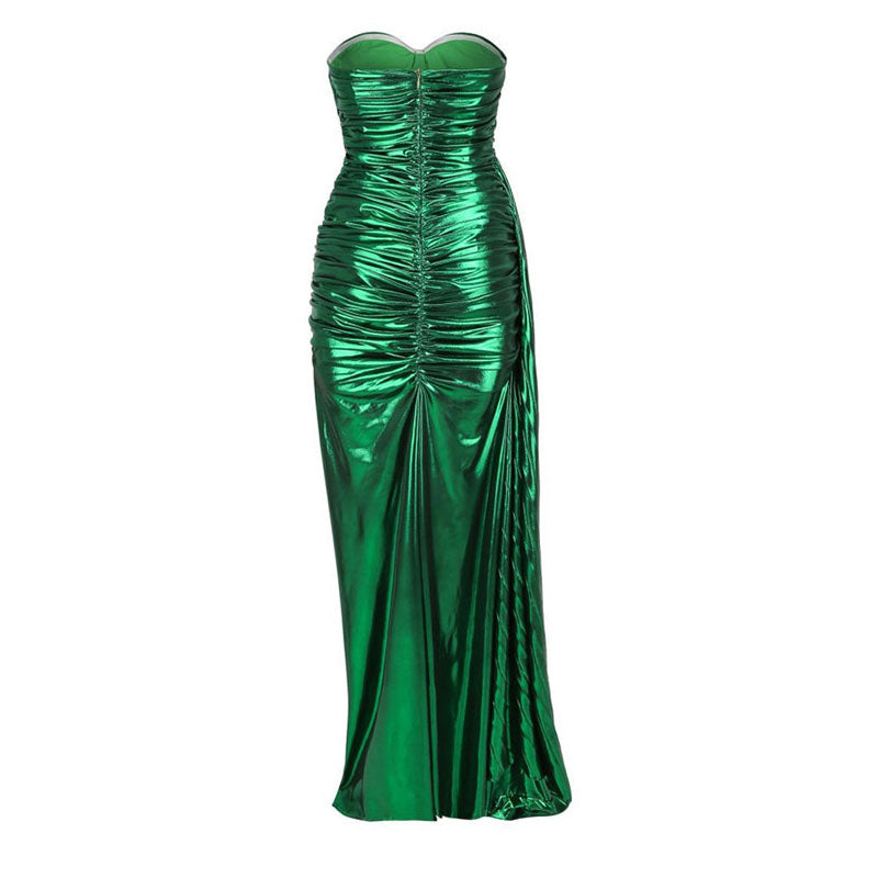 Robe de soirée longue plissée drapée métallisée à bustier froncé - Vert