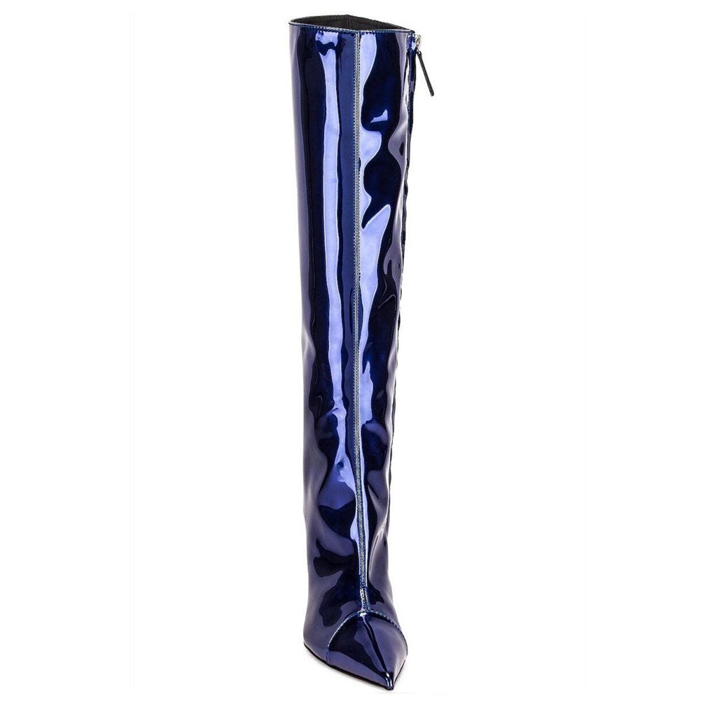 Kniehohe Stiletto-Stiefel aus Lackleder mit spitzer Spitze in Metallic-Optik - Dunkelblau