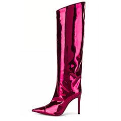 Bottes à talons aiguilles en cuir verni métallisé à bout pointu - Fuchsia