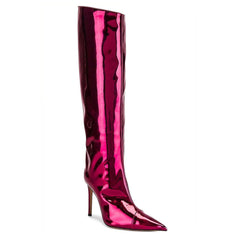 Bottes à talons aiguilles en cuir verni métallisé à bout pointu - Fuchsia