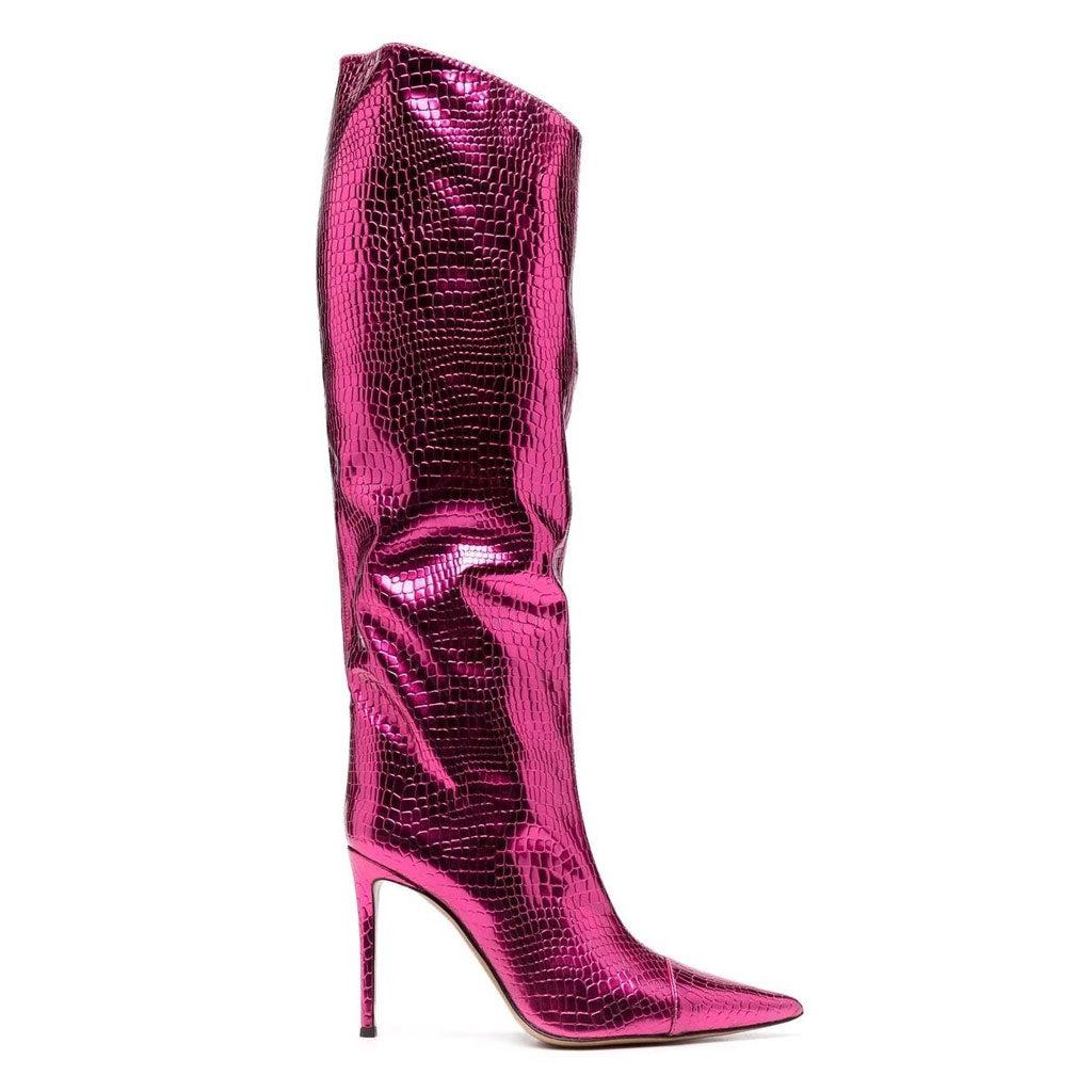 Kniehohe Stiletto-Stiefel mit spitzer Zehenpartie und metallischem Schlangeneffekt - Fuchsia