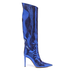 Kniehohe Stiletto-Stiefel mit spitzer Zehenpartie und metallischem Schlangeneffekt - Klein Blue