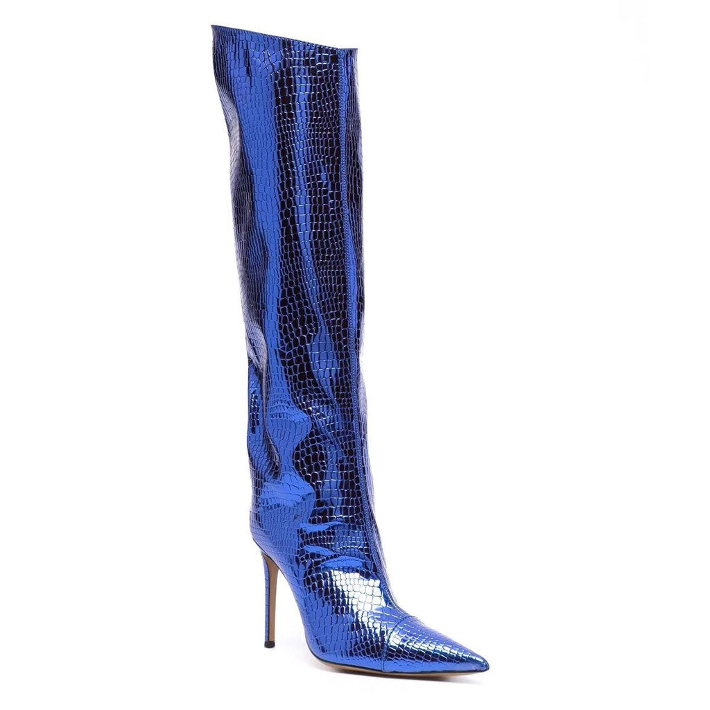 Kniehohe Stiletto-Stiefel mit spitzer Zehenpartie und metallischem Schlangeneffekt - Klein Blue