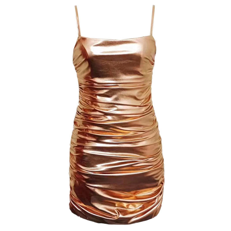 Metallic Spaghettiträger Gerafftes Bodycon Club Minikleid - Gold